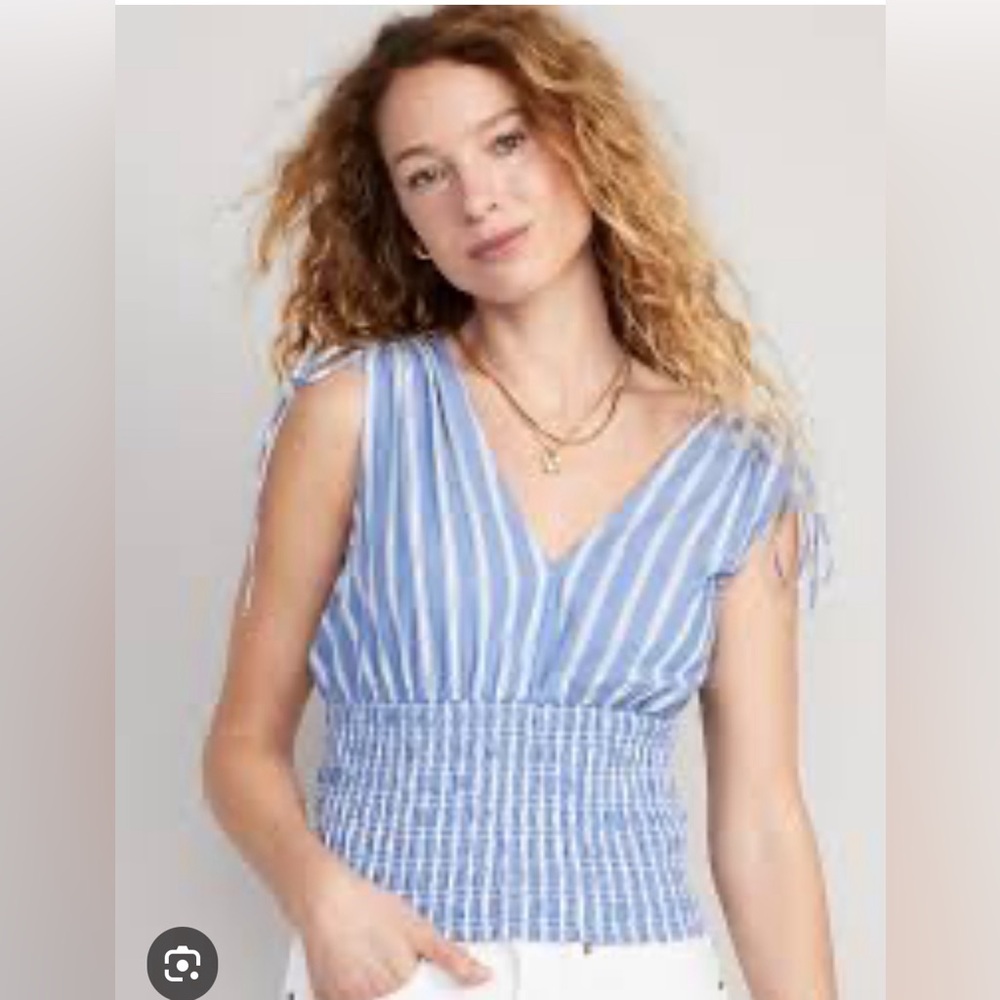Old Navy Smocked Tie Shoulder Top Medium Blue/White Striped